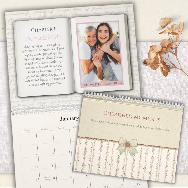 Calendrier photo de conte de fées mère fille vinta (Vintage floral storybook photo calendar for Mom. Unique personalized mother daughter gift ideas.)