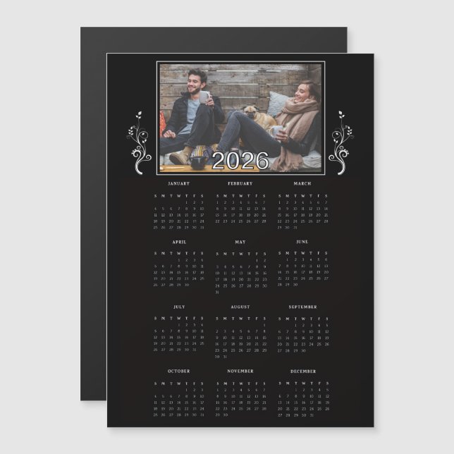 Calendrier photo de l'année 2026 noir avec feuilla (Devant / Derrière)