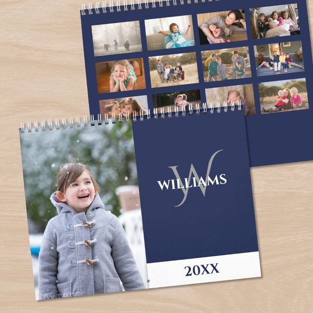 Calendrier Photo de monogramme moderne bleu marine (Modern Monogram Navy Blue Photo Calendar, front/back)