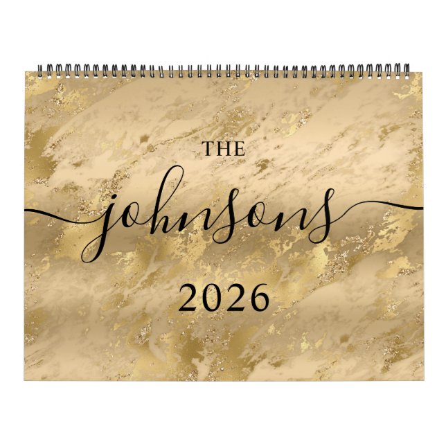 Calendrier Photo de nom de style script moderne en marbre dor (Protection)
