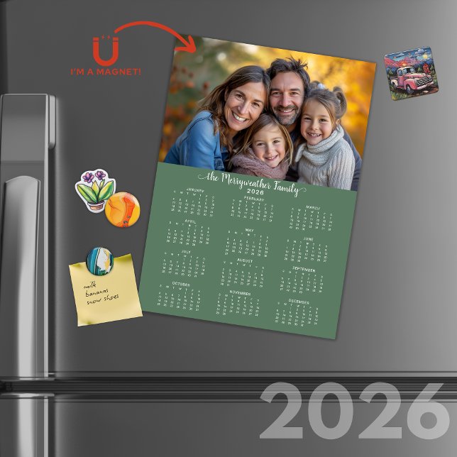 Calendrier photo de vacances vert simple 2026 (2026 Simple Modern Green Holiday Photo Calendar Cards with Envelopes)