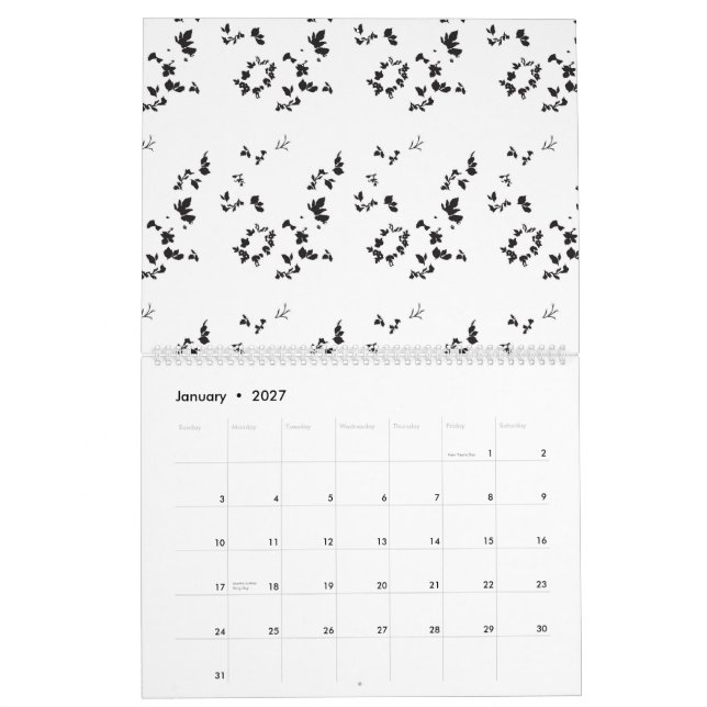 Calendrier photo en noir et blanc de feuilles sur un dos blan (Jan 2027)