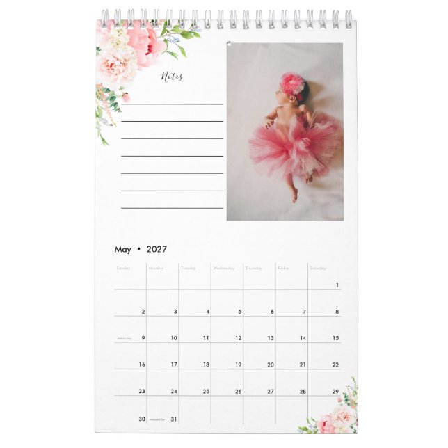Calendrier photo floral rose pâle avec notes (Mai 2027)