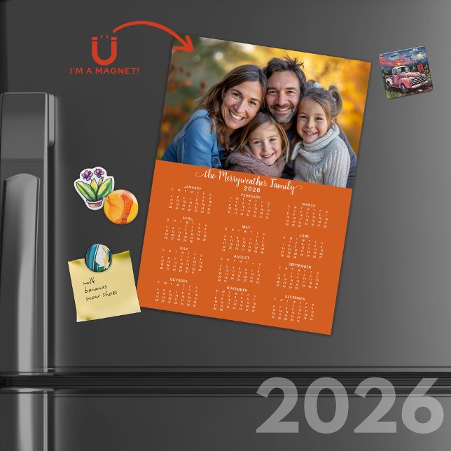 Calendrier photo moderne Burnt Orange 2026 (2026 Modern Burnt Orange Holiday Photo Calendar Cards with Envelopes)