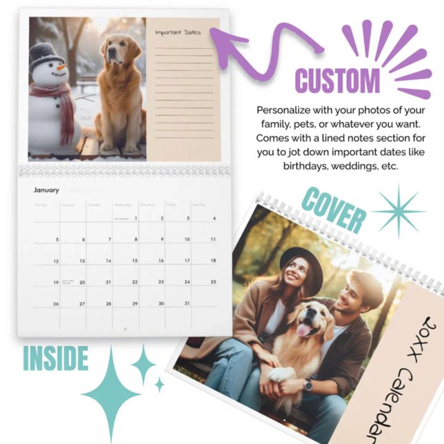 Calendrier Photos customisées Animaux de famille avec notes l (Customized Photos Family Pets With Lined Notes Calendar)