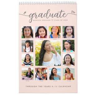 Calendrier Pink Graduation K-12 Script Photo Collage 15 Mois
