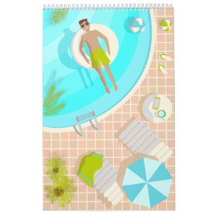 Calendrier Piscine mec sur la plage tropicale estivale vacanc