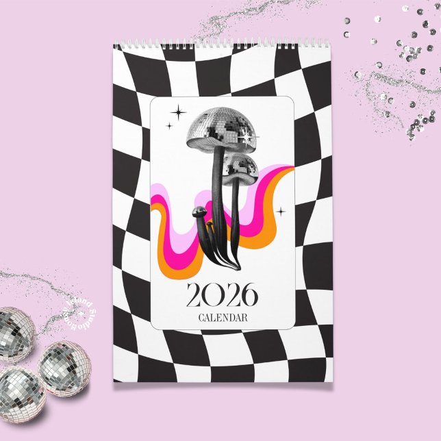 Calendrier Planificateur de bureau Disco Champignon 2026 Y2K (disco mushroom planner, 2026 office planner, Y2K planner, retro desk planner, whimsical planner, col)