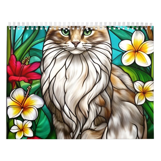 Calendrier Portrait de chat en vitrail Chat élégant à poils l (Protection)