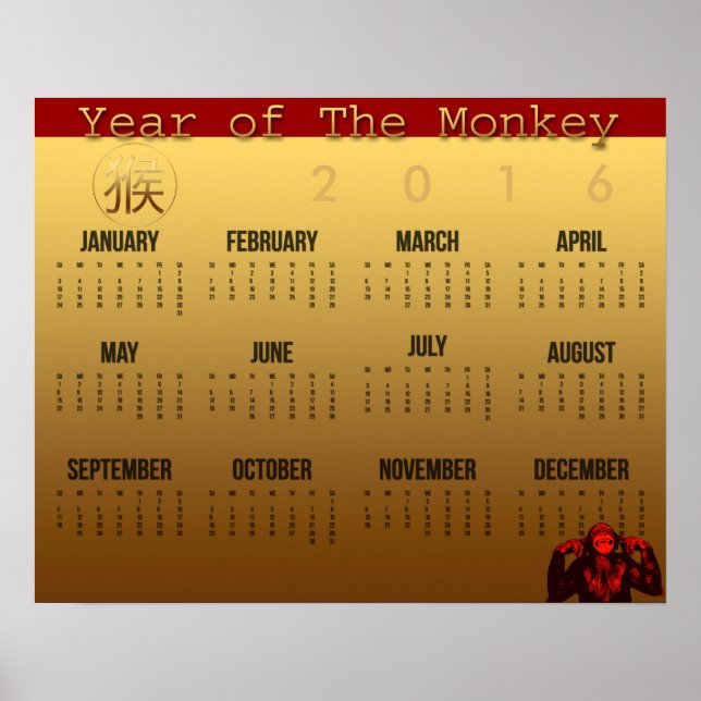 Calendrier Poster Année du Singe Sourire 2016 (Devant)