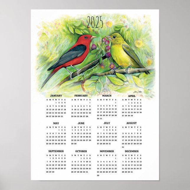 Calendrier Poster Couple Tanager Écarlate 2025  (Devant)