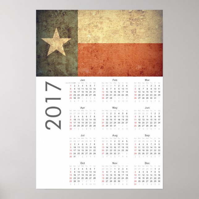 Calendrier Poster Drapeau Grunge Texas 2017 (Devant)