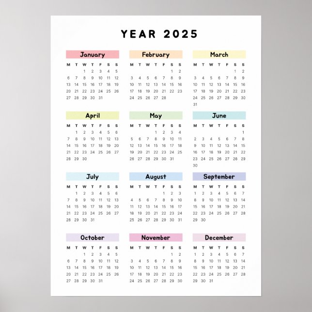 Calendrier Poster Minimaliste Arc-en-Ciel 2025 (Devant)