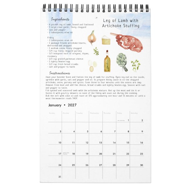 Calendrier Recette de famille héritages | Aquarelle (Jan 2027)