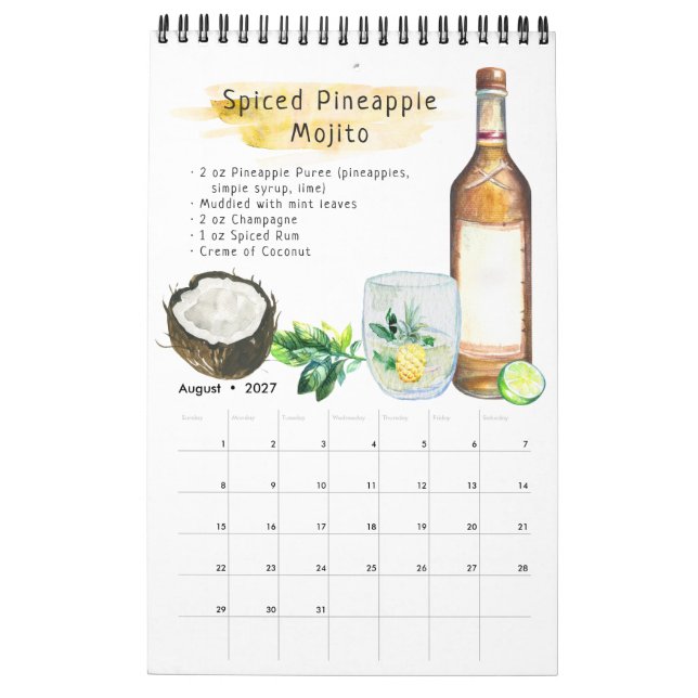 Calendrier Recettes de cocktails favorites | Aquarelle illust (Aug 2027)