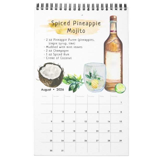 Calendrier Recettes de cocktails favorites | Aquarelle illust (Aug 2026)