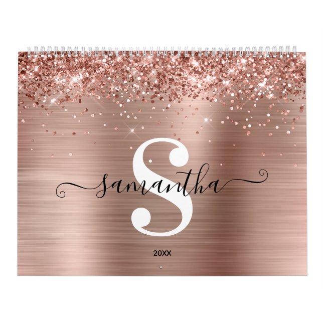 Calendrier Rose Glitter Gold Foil Signature Monogramme Photo (Protection)