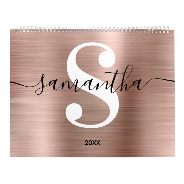 Calendrier Rose Gold Foil Signature moderne Monogramme Photo (Protection)