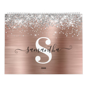Calendrier Rose Gold Pailleté Argenté Monogramme Photo
