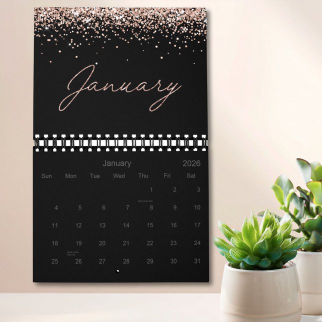 Calendrier Rose Noire Paillettes Or Élégant Moderne Script 20 (In situ)