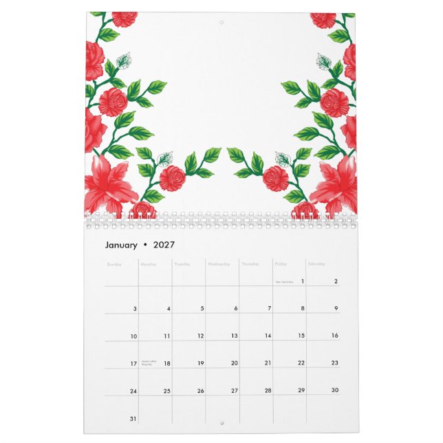 Calendrier Rose rouge avec pétales détaillés, représenté dans (Jan 2027)