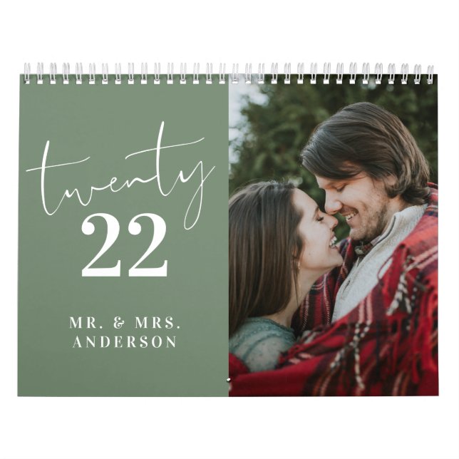 Calendrier Script Calligraphie Nouveau Mer Photo Sage Green (Protection)