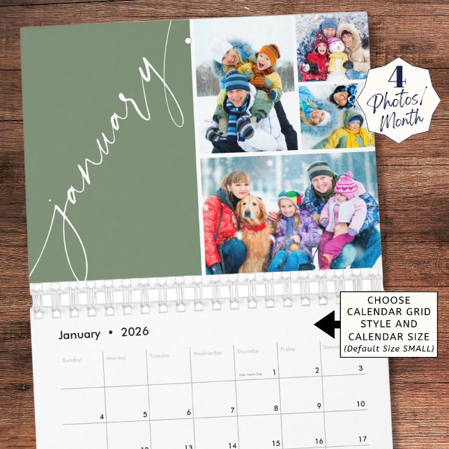 Calendrier Script Vert Moderne 4 Photos Par Mois (Créateur téléchargé)