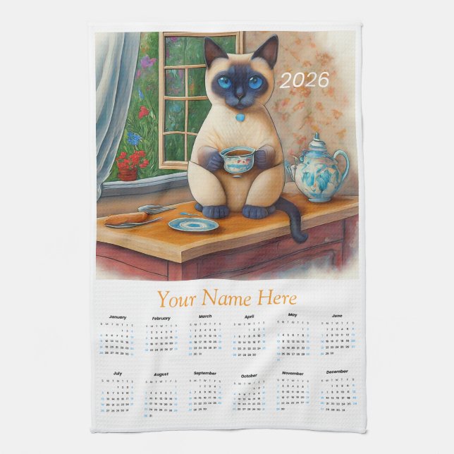 Calendrier Serviette à Thé Chat Siamois 2026 (Vertical)