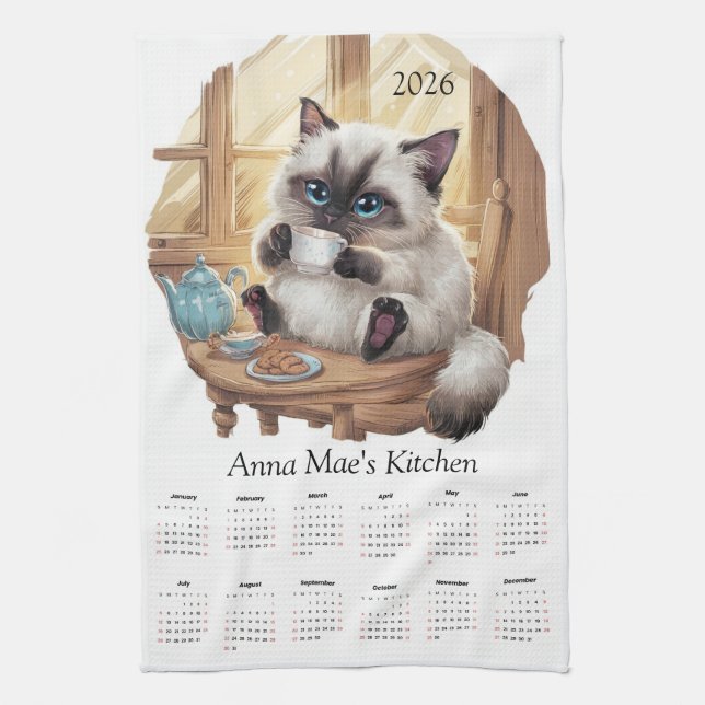Calendrier Serviette de Cuisine Chat Siamois & Thé (Vertical)