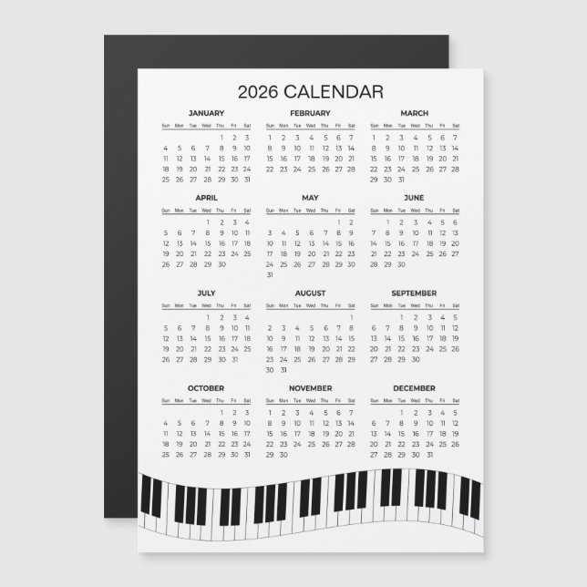 Calendrier simple 2026 avec touches de piano | Aim (Devant / Derrière)