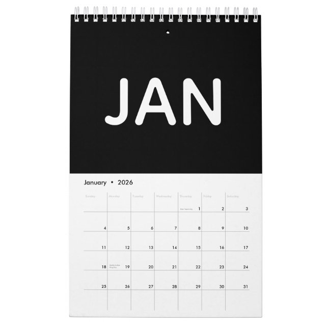 Calendrier Simple Black and White Minimalist 2026 (Jan 2026)