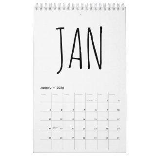 Calendrier Simple Black and White Script Writing 2026
