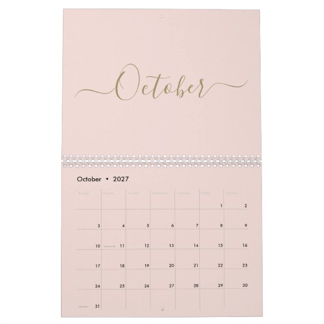 Calendrier Simple moderne blush or rose script mois personnal (Oct 2027)