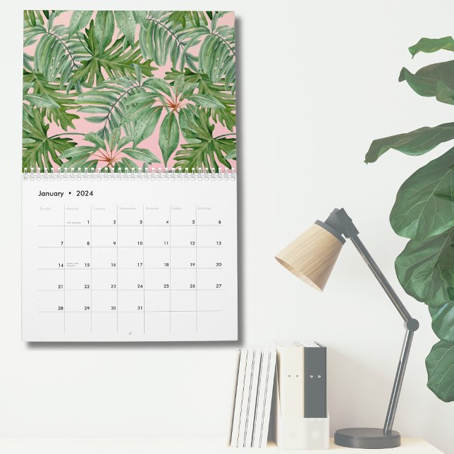 Calendrier Simple moderne Palme rose Tropical Mur Feuille (Simple Modern Pink Palm Leaf Tropical Floral Wall Calendar)