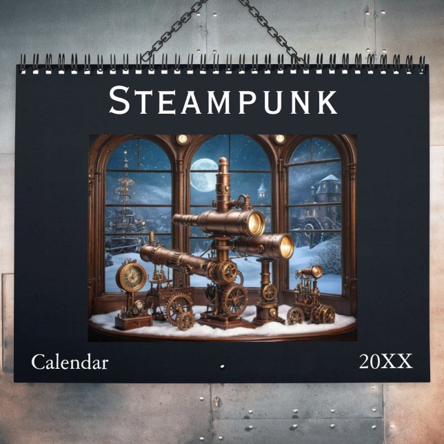Calendrier Steampunk Rétro Cool Engrenages Élégant Style Esth (A stylish Steampunk monthly wall calendar, with a different Steampunk-inspired image on every page)