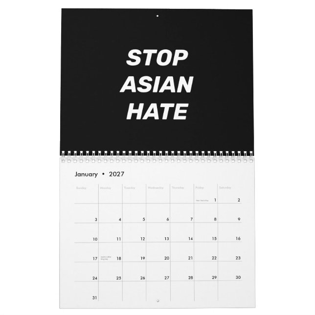 Calendrier Stop Asian Hate noir et blanc typographie moderne (Jan 2027)