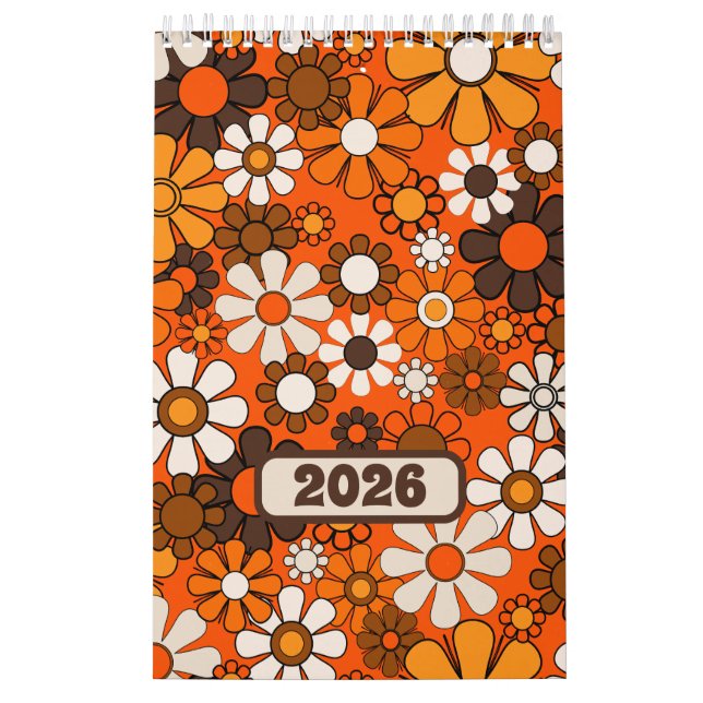 Calendrier Super Retro les années 70 Floral 2025 Brown et ora (Protection)