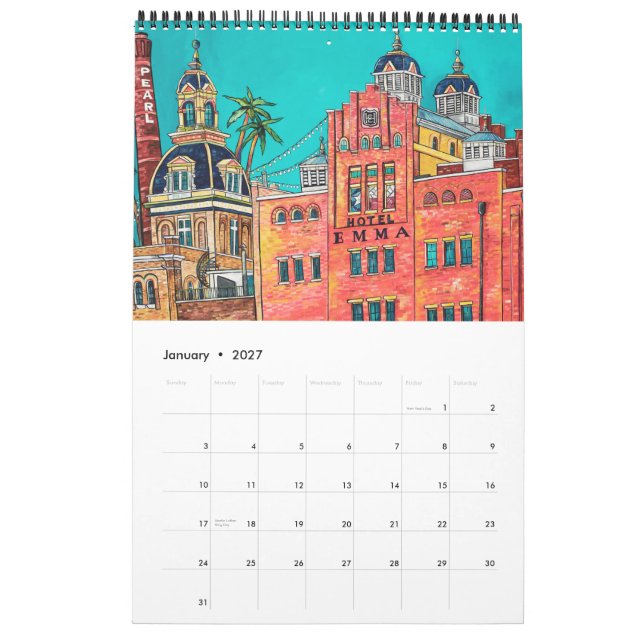Calendrier sur une page de San Antonio (Jan 2027)