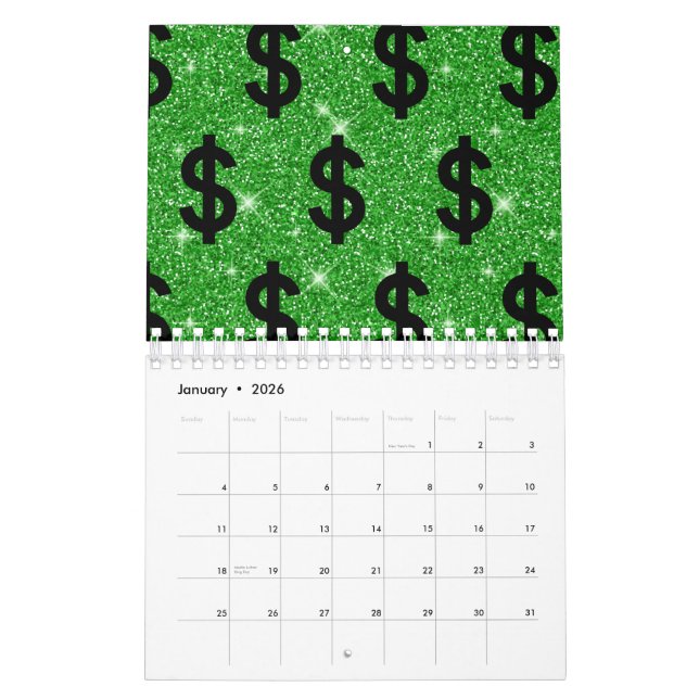 Calendrier SYMBOLE Dollar Noir Argent Entrepreneur Wall Stree (Jan 2026)