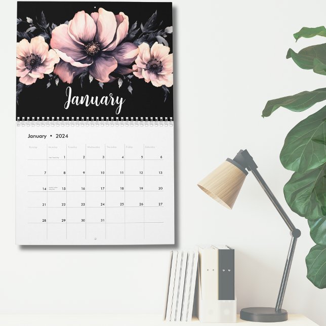 Calendrier Tendance Mignon Moderne Rose Noir Floral (Cute Modern Pink Black Floral Calendar)