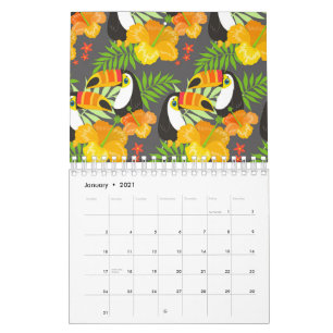 Calendrier Toucan Oiseau Orange Fleurs Tropicales Feuilles Ve