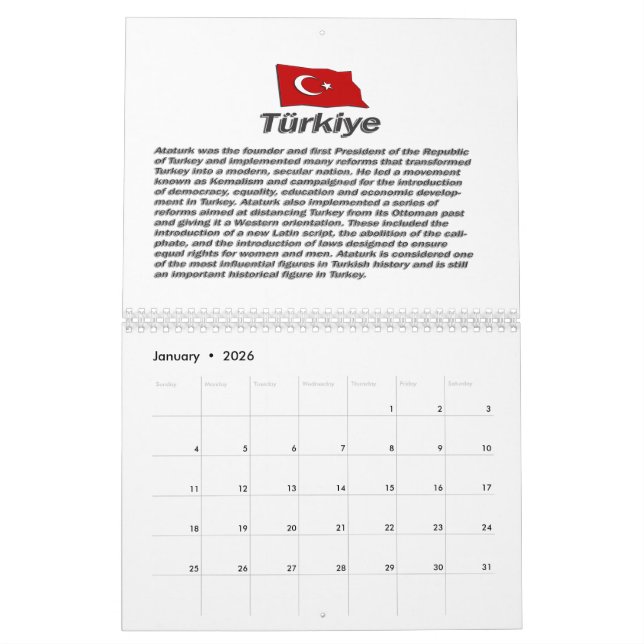 Calendrier Turkiye Calender 100th anniversary of the Republic (Jan 2026)