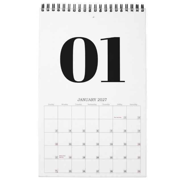 Calendrier Typographie Rétro Noir et Blanc Sans Photo 2026 (Jan 2027)