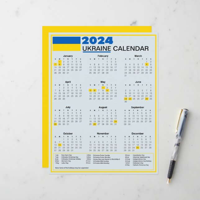 Calendrier ukrainien 2024 avec fêtes ukrainiennes (Devant/Arrière en situation)