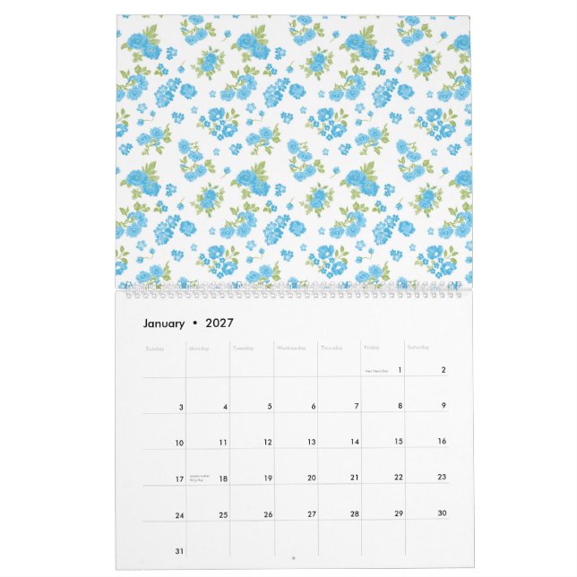 Calendrier un arrière - plan blanc aux fleurs bleues et au le (Jan 2027)