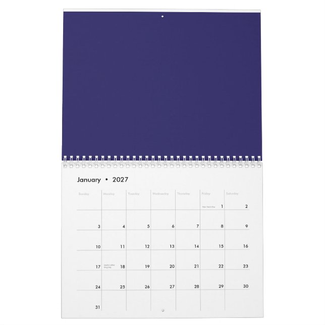 Calendrier un arrière - plan bleu avec une horloge (Jan 2027)