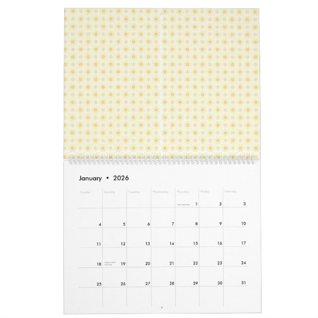 Calendrier un arrière - plan jaune et blanc aux petits cercle (Jan 2026)