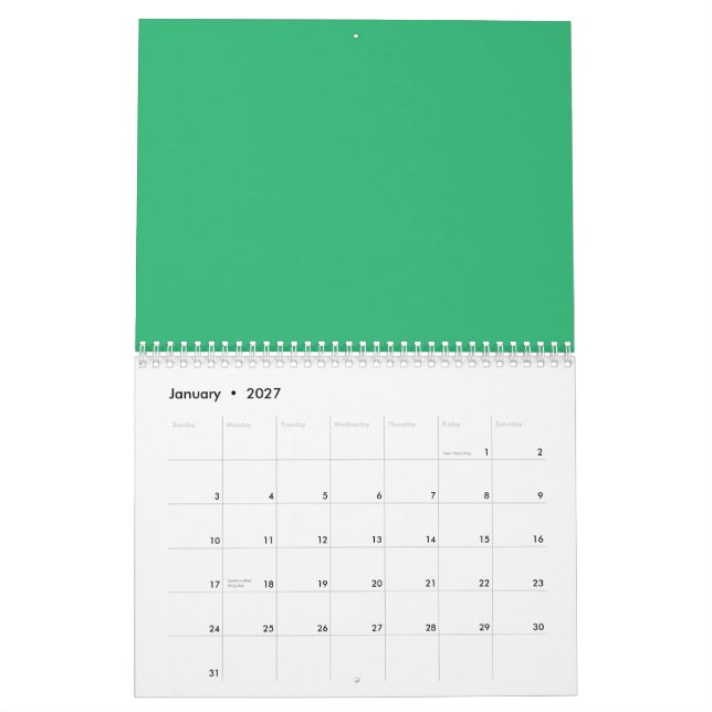 Calendrier un arrière - plan vert avec une bordure blanche (Jan 2027)