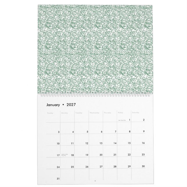Calendrier un arrière - plan vert et blanc avec de petits feu (Jan 2027)