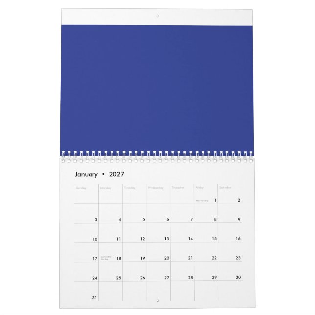 Calendrier un avion volant dans le ciel avec un fond bleu (Jan 2027)